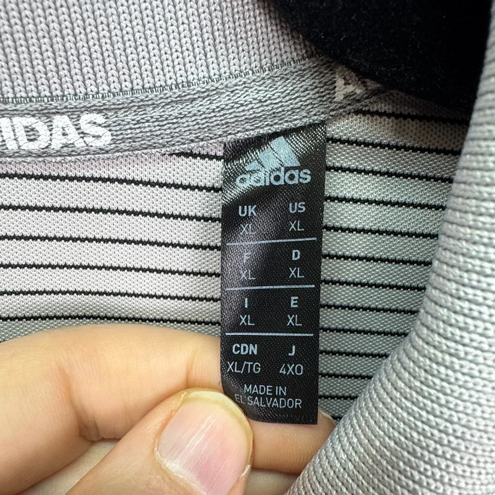 Adidas Polo Shirt Men XL Gray Black Striped Golf Preppy Sport Performance Active